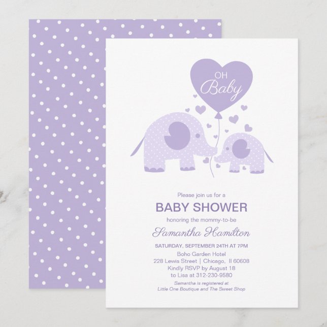 Invitación Oh Baby Lavender Cute Elephant Baby Shower (Anverso / Reverso)