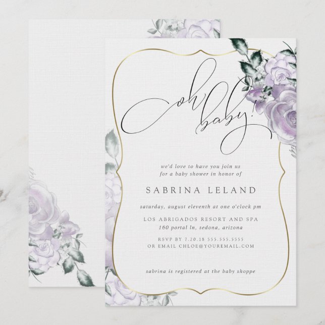 Invitación Oh Baby Lavender Floral Rosa Moda Baby Shower (Anverso / Reverso)