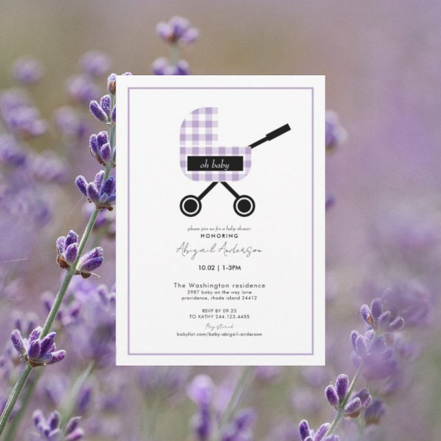 Invitación Oh Baby Lavender Gingham Pram Baby Shower (Subido por el creador)