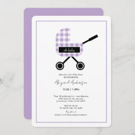 Invitación Oh Baby Lavender Gingham Pram Baby Shower Rounded