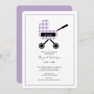 Invitación Oh Baby Lavender Gingham Pram Baby Shower Rounded