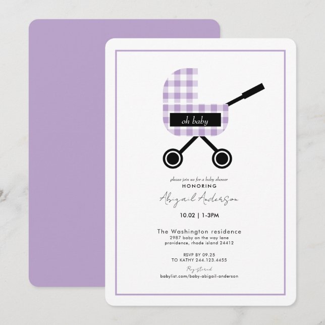 Invitación Oh Baby Lavender Gingham Pram Baby Shower Rounded (Anverso / Reverso)