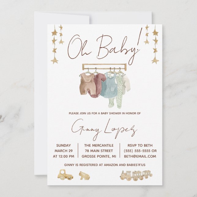 Invitación Oh Baby, Layette, Eco Toys Baby Shower (Anverso)