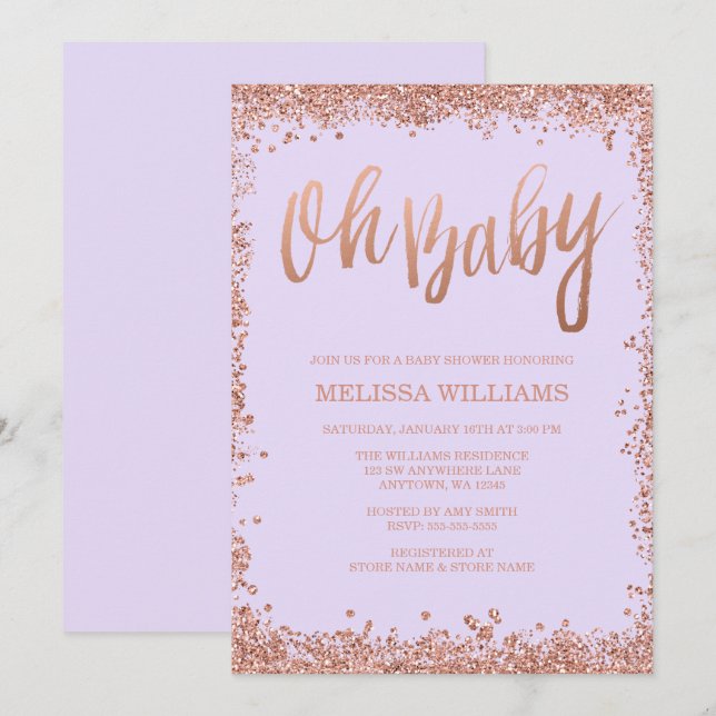 Invitación Oh Baby Lilac Faux Rosa Gold Purpurina Baby Shower (Anverso / Reverso)