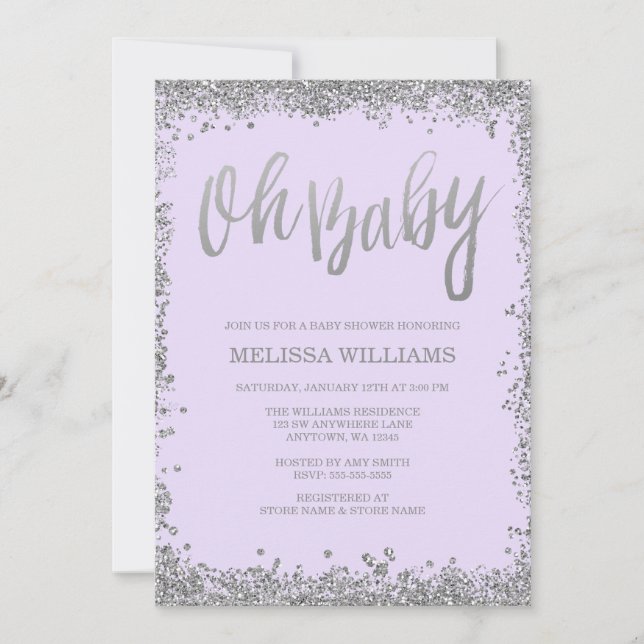 Invitación Oh Baby Lilac Purpurina Purple Silver Baby Shower (Anverso)