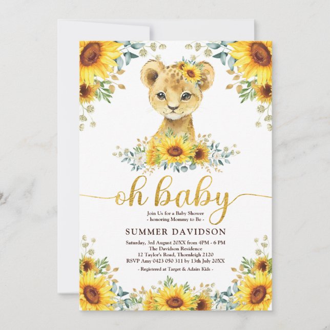 Invitación Oh Baby Lion Cub Sunflower Greeneration Baby Showe (Anverso)