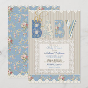 Invitación Oh Baby Madera Rústica Encaje Azul Marfil Niño