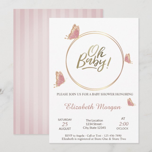 Invitación Oh Baby Mariposas Rayadas Fiesta de Bebé   (Anverso / Reverso)