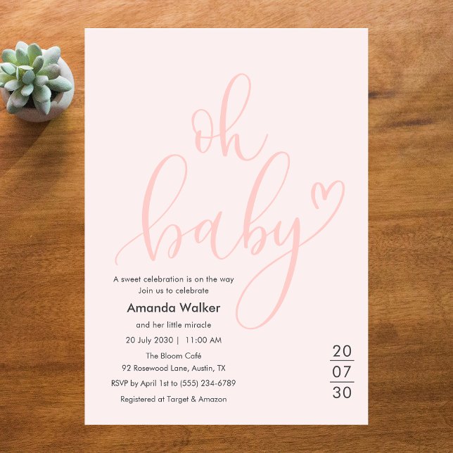 Invitación Oh Baby! Minimal Elegant Pink Script Baby Shower (Oh Baby! Minimal Elegant Pink Script Baby Shower Invitation)