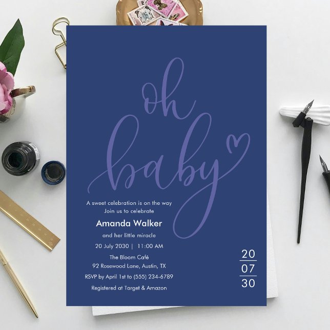 Invitación Oh Baby! Minimal Typography Blue Baby Shower  (Oh Baby! Minimal Elegant Blue Script Baby Shower Invitation)