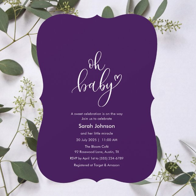 Invitación Oh Baby! Minimal Typography Purple Baby Shower (Oh Baby! Minimal Typography Purple Baby Shower Invitation)
