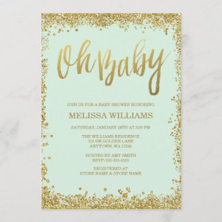 Invitación Oh Baby Mint Gold Purpurina Baby Shower