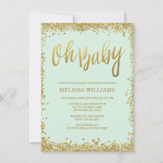 Invitación Oh Baby Mint Gold Purpurina Baby Shower