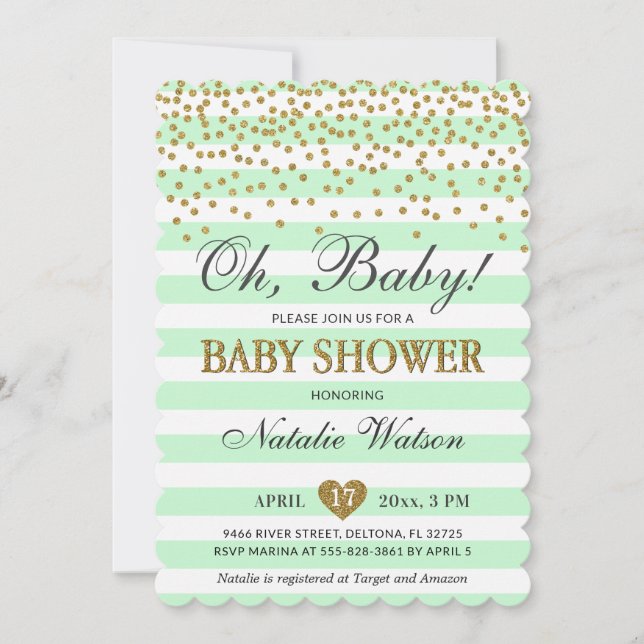 Invitación Oh Baby Mint Green Gold Baby Shower Neutral de gén (Anverso)