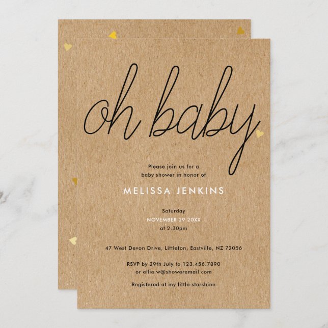 Invitación Oh Baby Moda Script Baby Shower / Sprinkle Rustic (Anverso / Reverso)