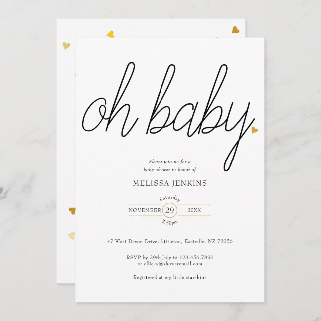 Invitación Oh Baby Moda Script Gold Love Heart Baby Shower (Anverso / Reverso)