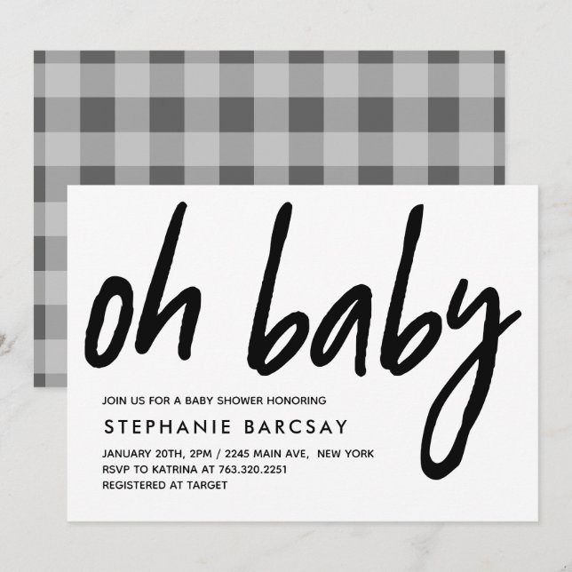 Invitación Oh Baby Modern Baby Shower Gray Gingham (Anverso / Reverso)