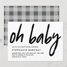Invitación Oh Baby Modern Baby Shower Gray Gingham