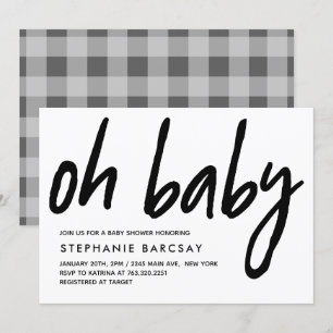 Invitación Oh Baby Modern Baby Shower Gray Gingham