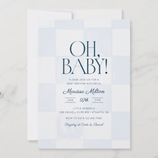 Invitación Oh Baby Modern Blue Checkered Baby Shower