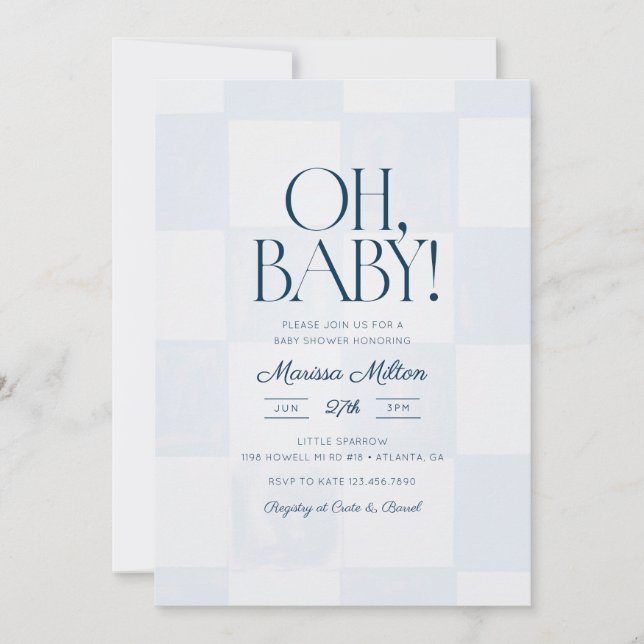 Invitación Oh Baby Modern Blue Checkered Baby Shower (Anverso)