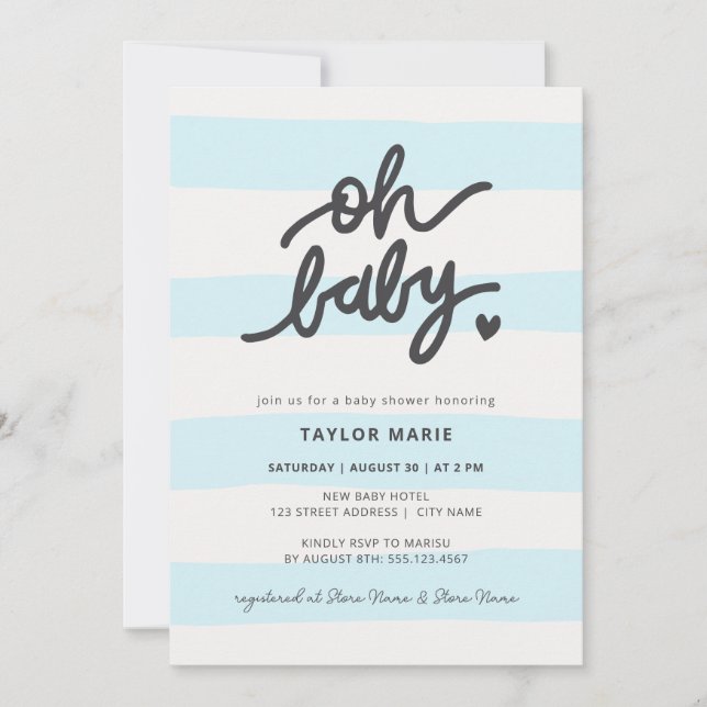 Invitación Oh Baby Modern Blue Stripes Boy Baby Shower (Anverso)