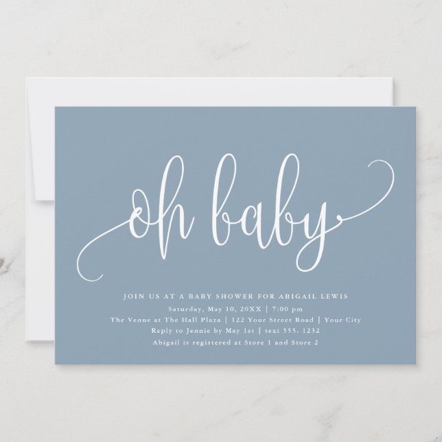 Invitación Oh Baby Modern Calligraphy Dusty Blue Baby Shower (Anverso)