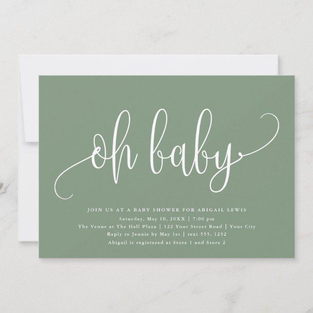 Invitación Oh Baby Modern Calligraphy Sage Green Baby Shower (Anverso)