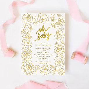 Invitación Oh Baby Modern Flowers Gold Chica Baby Shower