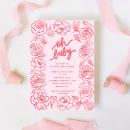 Invitación Oh Baby Modern Flowers Rubor Chica Rosa Baby Showe