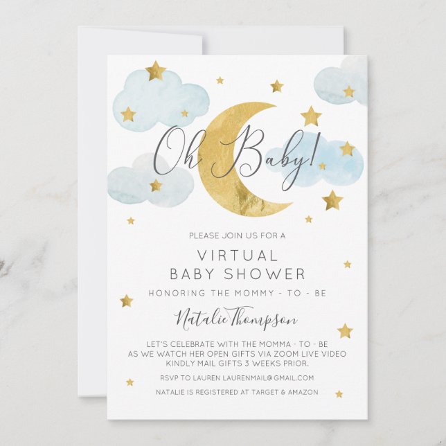Invitación Oh Baby Moon & Stars theme Virtual Baby Shower (Anverso)
