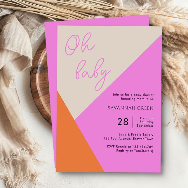 Invitación Oh Baby Naranja Rosa Tricolor Simple Baby Shower (Oh Baby Baby Shower Invitation from my Tricolor Baby Shower Collection)