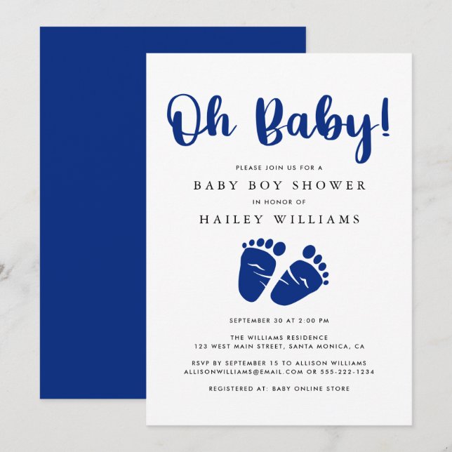 Invitación Oh Baby Navy Blue Baby Feower (Anverso / Reverso)