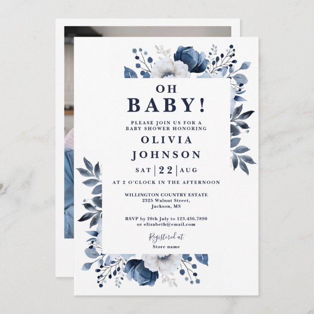 Invitación Oh Baby Navy Blue Floral Photo Baby Shower (Anverso / Reverso)