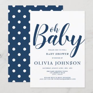 Invitación Oh Baby - Navy Blue Polka Dot Baby Shower