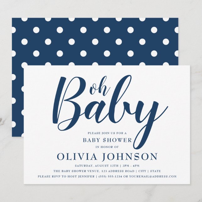 Invitación Oh Baby - Navy Blue Polka Dot Baby Shower (Anverso / Reverso)
