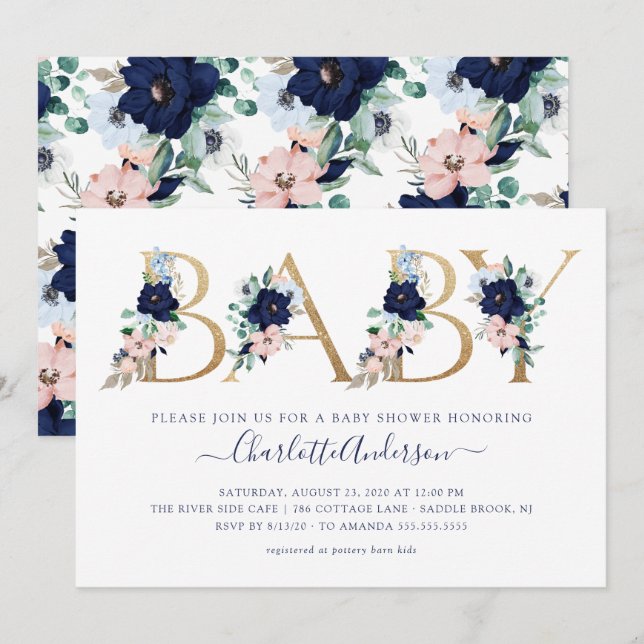 Invitación Oh Baby Navy Blue y Rubor Floral Baby Shower (Anverso / Reverso)