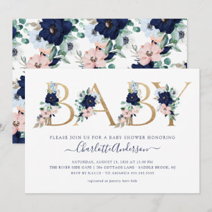 Invitación Oh Baby Navy Blue y Rubor Floral Baby Shower