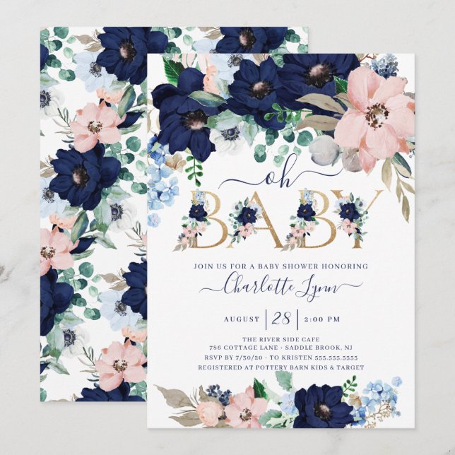 Invitación Oh Baby Navy Blue y Rubor Floral Baby Shower (Anverso / Reverso)