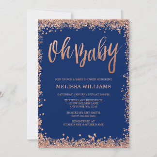 Invitación Oh Baby Navy Brillo Rosa Dorado Falso Baby Shower