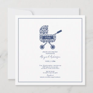 Invitación Oh Baby Navy Damask Pram Baby Shower Square