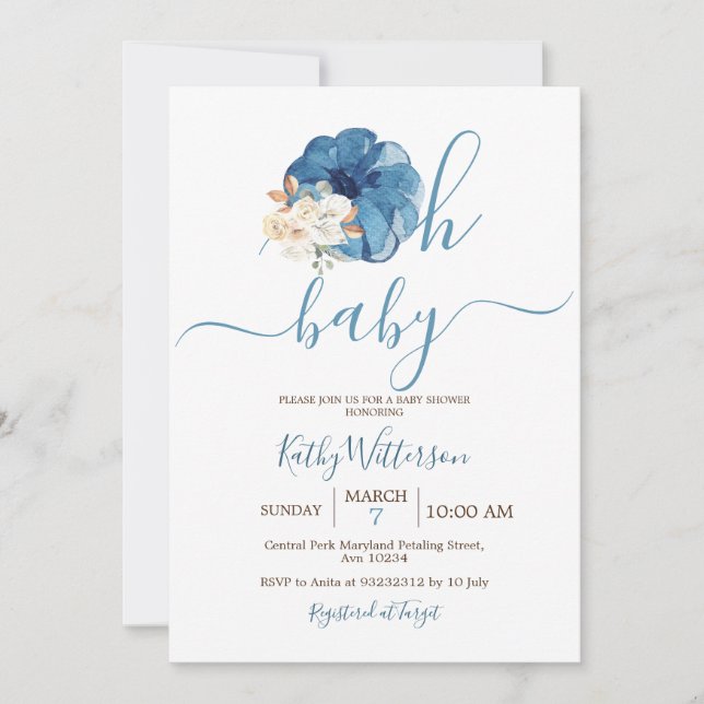 Invitación Oh Baby Navy Pumpkin Floral Baby Shower (Anverso)
