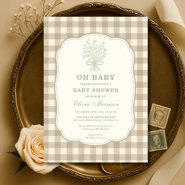 Invitación Oh Baby Neutral Gingham Baby Shower (Subido por el creador)