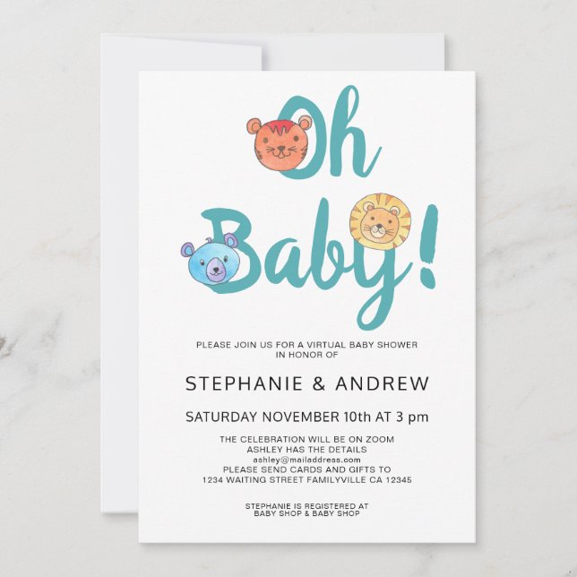 Invitación Oh Baby Pastel Cute Animals Virtual Baby Shower (Anverso)