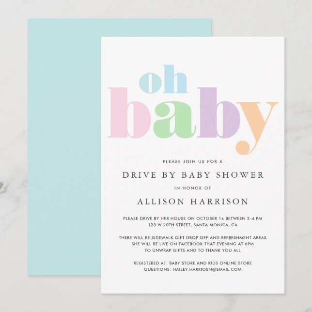 Invitación Oh Baby Pastel Moderno Mínimo Conducción Por Ducha (Anverso / Reverso)