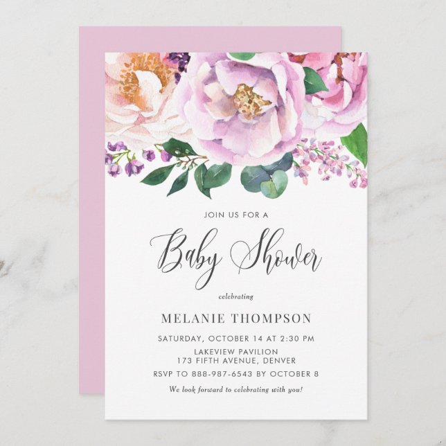 Invitación Oh Baby Pastel Purple Peonies Spring Baby Shower (Anverso / Reverso)