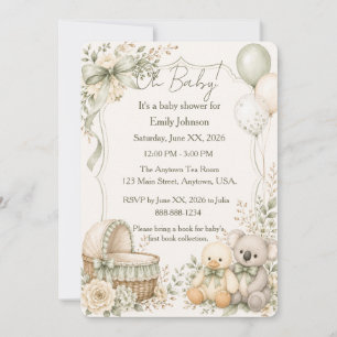 Invitación Oh Baby Pato y Koala Fiesta de Bebé Verde Neutral