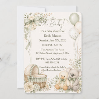 Invitación Oh Baby Pato y Koala Fiesta de Bebé Verde Neutral