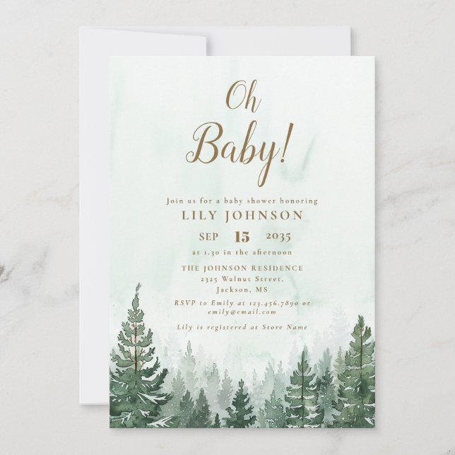 Invitación Oh Baby Pine Tree Forest Todo En Un Baby Shower QR (Anverso)