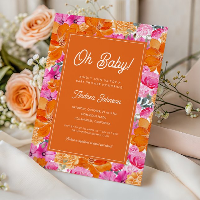 Invitación Oh Baby Pink and Naranja Vibrant Floral Baby Showe (Subido por el creador)